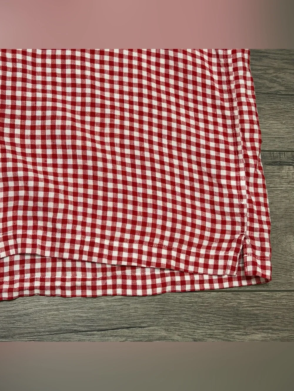 J Crew Men Short-sleeve 100% linen camp-collar shirt in gingham Red White Sz L